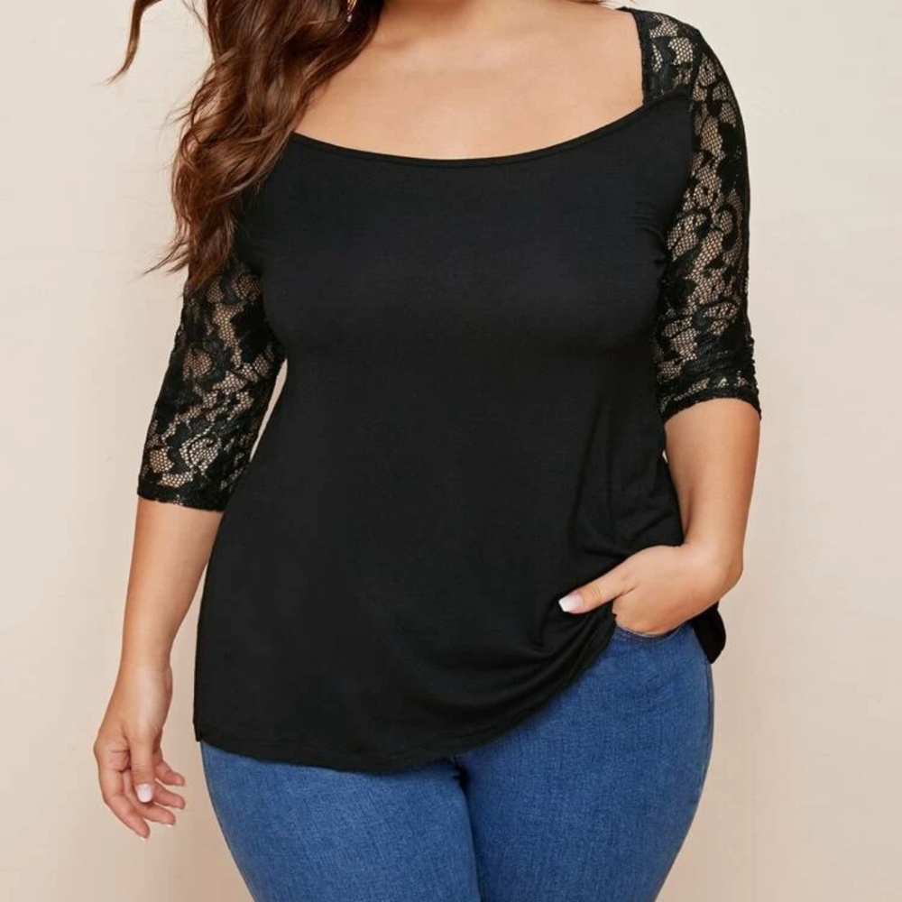 Plus lace panel square neck tee